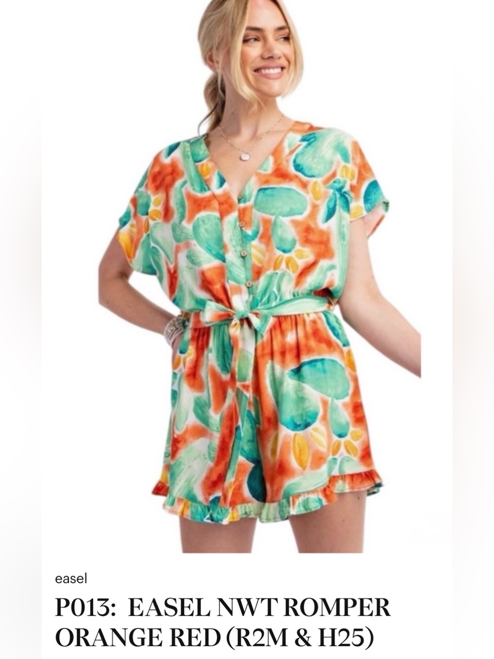 Easel NWT Watercolor Tie-Waist Romper - Orange & Teal size Medium